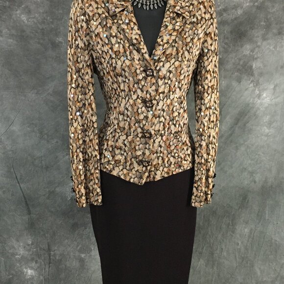 BEAUTIFUL St John evening knit brown multi rhinestones embellished skirt suit 4 - Picture 3 of 10